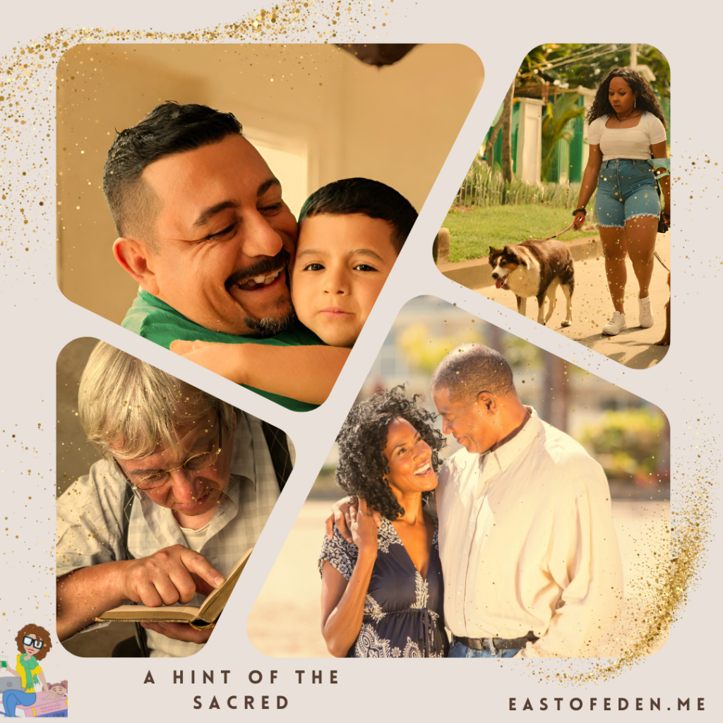 Four-photo collage for "A Hint of the Sacred": a father embracing a boy, a man reading, a woman walking a dog, a couple smiling together.